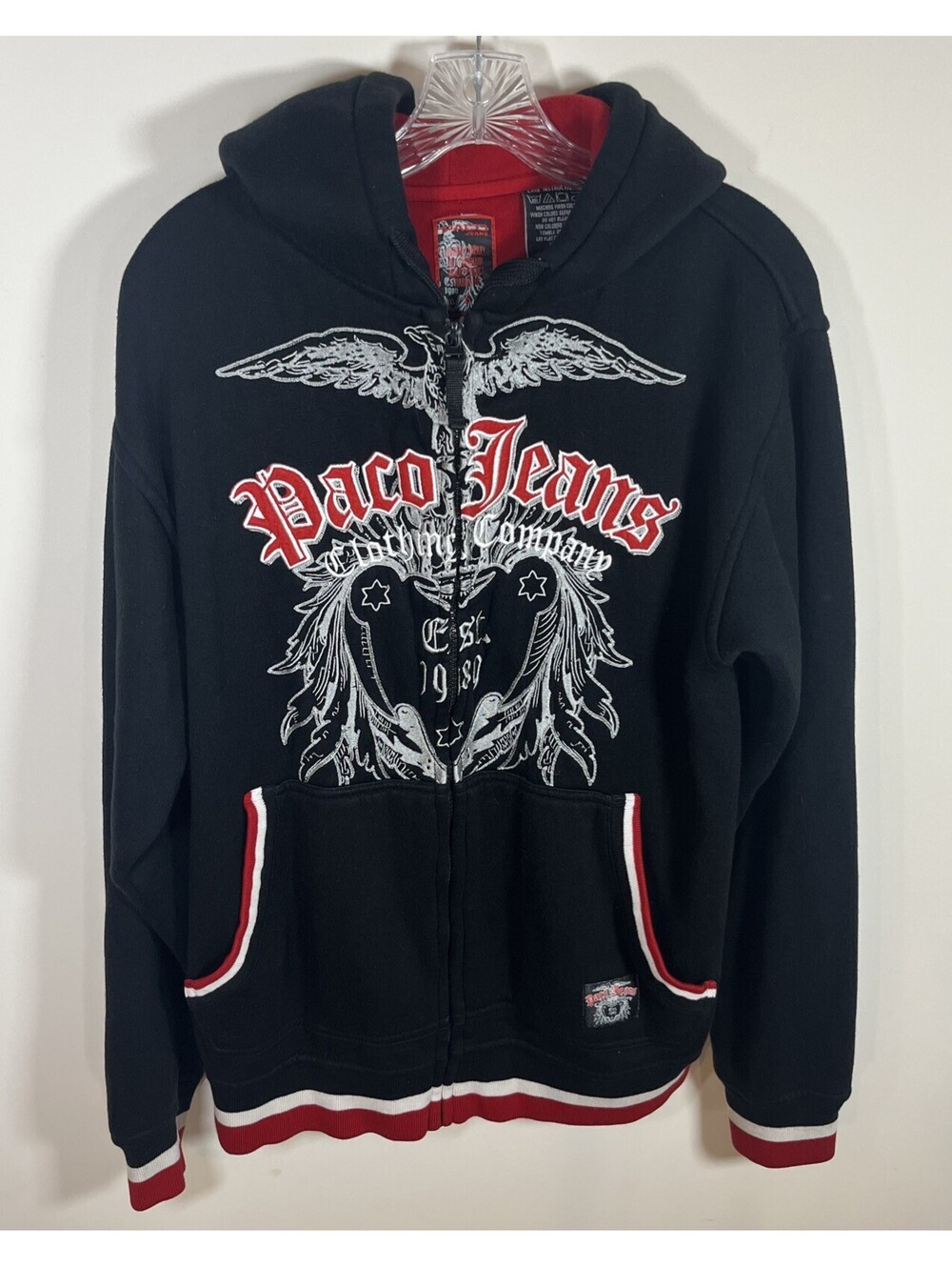 Y2K Paco Jeans Hoodie S Black Red Embroidered Eagle Full Zip